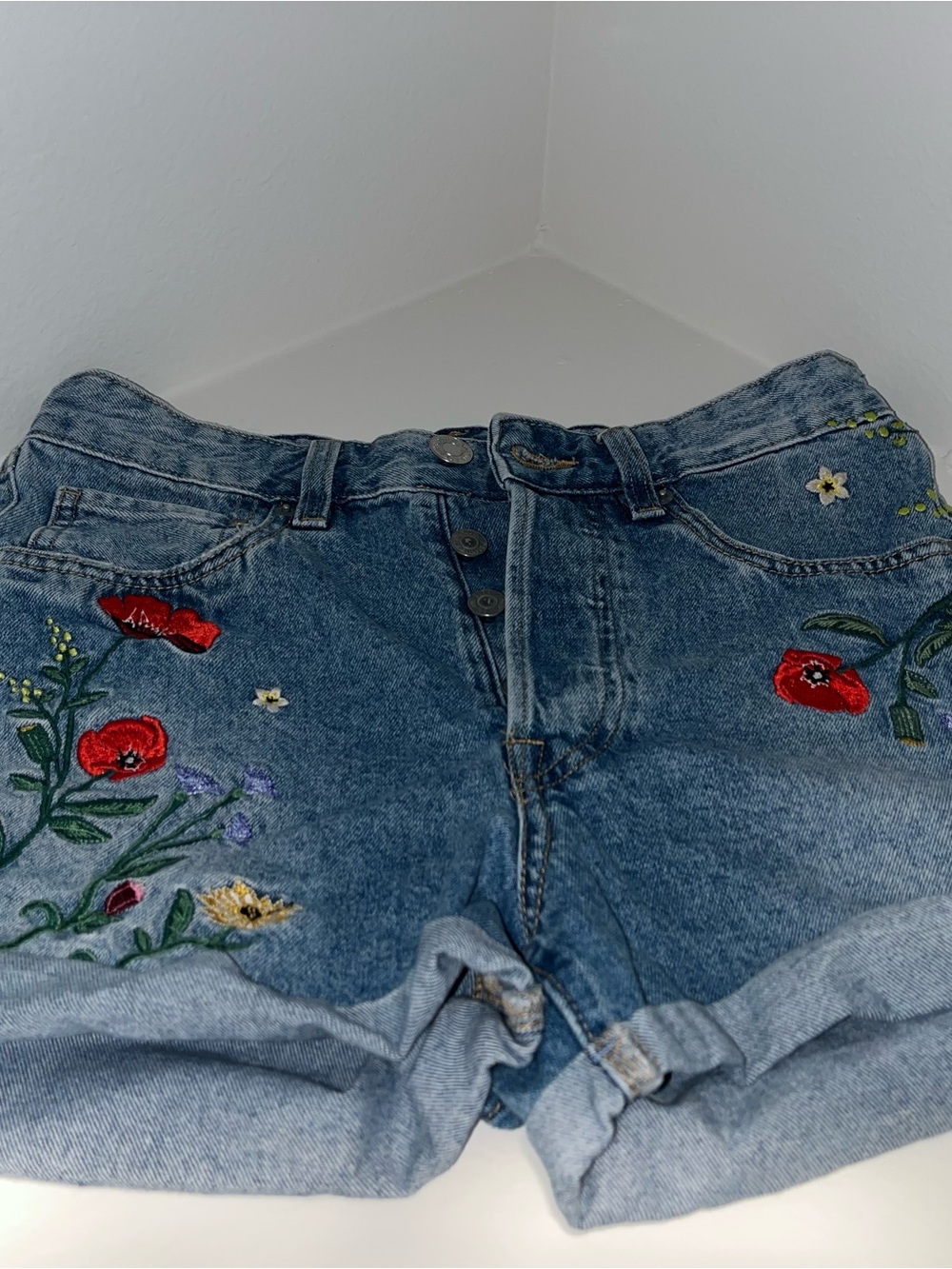H&M Blue Denim Shorts with Red Floral Embroidery